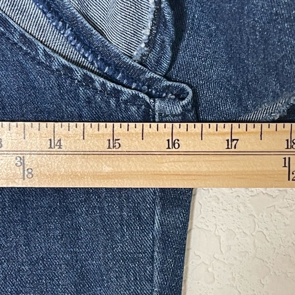 J.O.A Off The Shoulder Denim Mini Dress Size M Raw Neck Trim Blue Exposed Zip - Picture 10 of 14